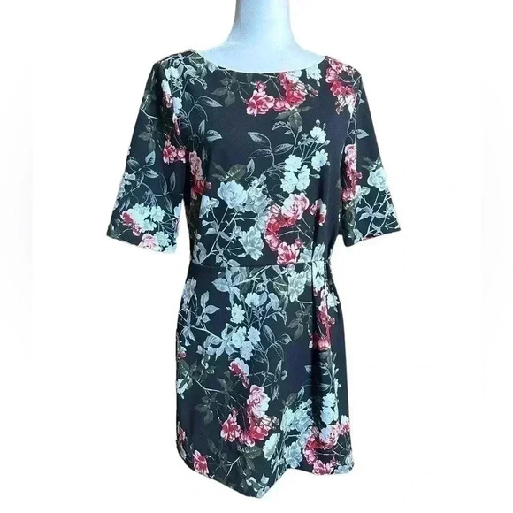 Banana Republic Black White Red Floral Midi Dress size 8 - Picture 1 of 5